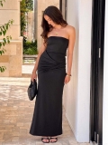Women's Sexy Strapless Ruched Maxi Dress Elegant Solid Color Slim Fit Milk Silk Floor Length Tube Top Bodycon Dress For Summer Vacation Party