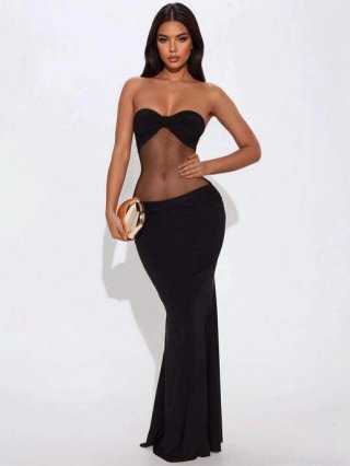 Sexy Tube Top Maxi Dress Women Mesh Splicing Bodycon Ruched Club Party Strapless Long Dress Polyester Elastane Evening Wear