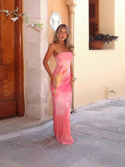 Women's Sexy Floral Print Tube Top Slim Fit Maxi Dress Sleeveless Back Slit Bodycon Long Dress Polyester Elastane Blend for Party Vacation Summer