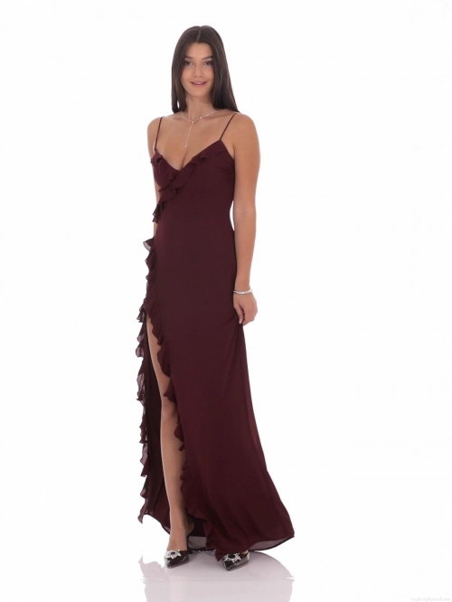 Women's Sexy V-Neck Backless High Slit Maxi Dress Elegant Ruffle Polyester Spandex Slip Evening Party Gown For Wedding Banquet Banquet Clubwear