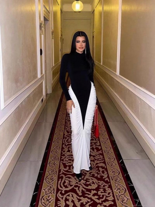 Elegant Women's Color Block Ruched Maxi Dress Sexy Long Sleeve Mock Neck Slim Fit Bodycon Stitching Chic Party Evening Gown