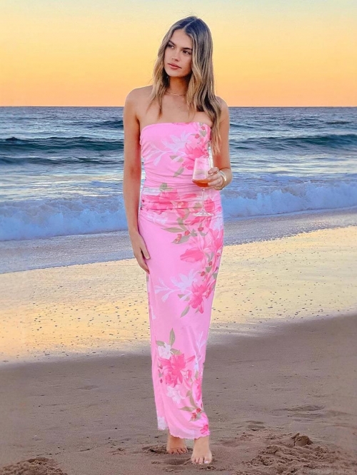 Sexy Bandeau Maxi Dress Mesh Ruched Floral Print Slim Fit Bodycon Summer Beach Vacation Long Dress For Women