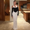 Women Elegant Black and White Contrast Halter Maxi Dress Sexy Backless Ruched Bodycon Party Long Dress with Long Sleeves Polyester Mesh Milk Silk