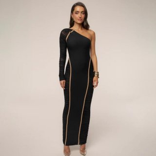 Women Sexy One Shoulder Ruched Maxi Dress Mesh Patchwork Long Sleeve Bodycon Evening Party Club Long Gown Slim Fit Robe