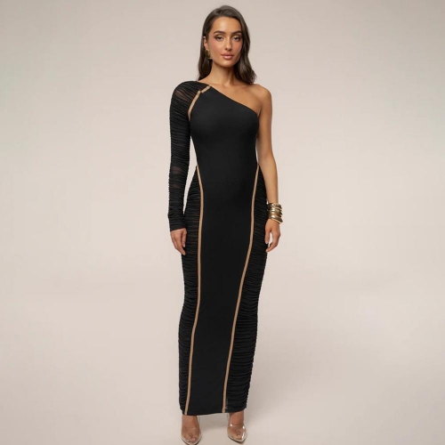 Women Sexy One Shoulder Ruched Maxi Dress Mesh Patchwork Long Sleeve Bodycon Evening Party Club Long Gown Slim Fit Robe