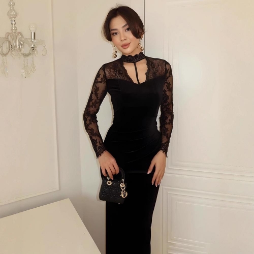 Women's Sexy Velvet Lace Patchwork Maxi Dress Elegant Backless Long Sleeve V Neck Bodycon Evening Party Long Dresses for Women