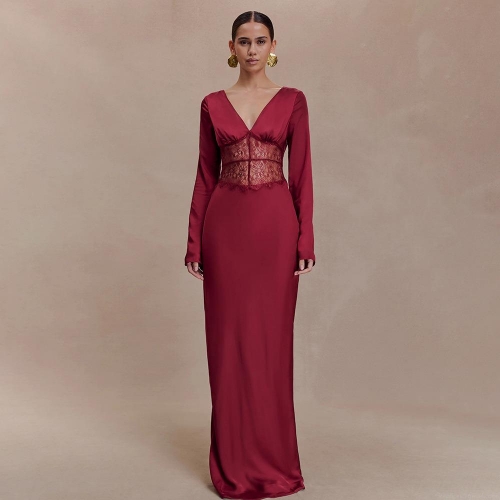 Women Elegant Deep V Neck Lace Patchwork Satin Maxi Dress Long Sleeve Sexy Slim Fit Evening Party Banquet Wedding Guest Gown