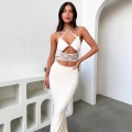 Sexy Halter Cut-out Maxi Dress For Women Lace Patchwork Backless See-through Bow Knot Print Bodycon Long Dress Evening Party Clubwear