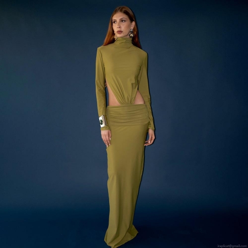 Sexy Cut-out Maxi Dress Women Long Sleeve Mock Neck Milk Silk Patchwork Ruched Backless Bodycon Slim Long Dress For Party Streetwear