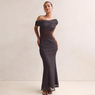 Women's Sexy Polka Dot One Shoulder Maxi Dress Mesh Patchwork Backless Slim Fit Bodycon Long Skirt For Party Club Night Out Summer Sleeveless Elegant Dress