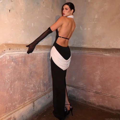 Women's Sexy Backless Halter Maxi Dress Contrast Color Block Pleated Bodycon Long Gown For Banquet Evening Party Prom Clubwear