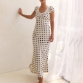 Women's Vintage Polka Dot Satin Maxi Dress With Lace Patchwork V-Neck Short Sleeve Slim Fit Evening Party Long Dress Elegant French Style Streetwear Retro Gown