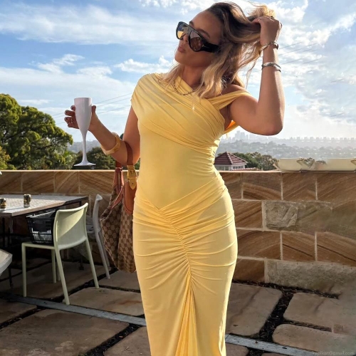 Women's One Shoulder Ruched Maxi Dress Sexy Sleeveless Side Slit Slim Fit Bodycon Evening Party Long Dress Milk Silk Fabric Solid Color Elegant Dress