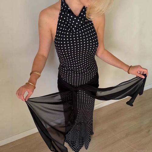 Elegant Polka Dot Maxi Dress Women Chiffon Halter Neck Backless Splicing High Waist Long Dress For Vacation Party Casual Summer Chic Retro Style
