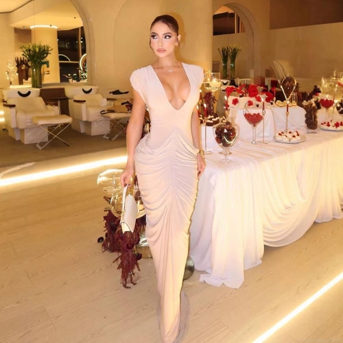 Elegant Sexy Deep V Neck Sleeveless Ruched High Waist Tight Maxi Dress Polyester Milk Silk Party Evening Banquet Cocktail Long Bodycon Dress For Women