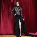 Women Sexy Black Lace Patchwork Maxi Dress Elegant See-Through Long Sleeve High Slit Velvet Evening Gown For Party Prom Gala