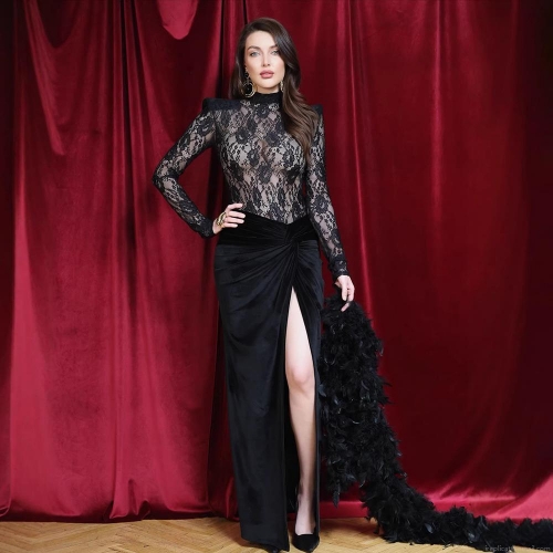 Women Sexy Black Lace Patchwork Maxi Dress Elegant See-Through Long Sleeve High Slit Velvet Evening Gown For Party Prom Gala