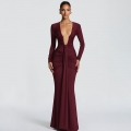 Sexy Deep V Neck Long Sleeve Maxi Dress Ruched Fishtail Evening Gown With Streamer Polyester Milk Silk Bodycon Party Dress For Women