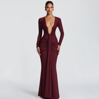 Sexy Deep V Neck Long Sleeve Maxi Dress Ruched Fishtail Evening Gown With Streamer Polyester Milk Silk Bodycon Party Dress For Women