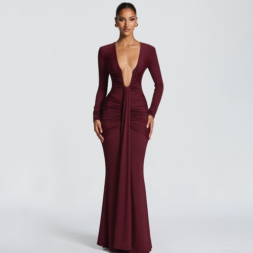 Sexy Deep V Neck Long Sleeve Maxi Dress Ruched Fishtail Evening Gown With Streamer Polyester Milk Silk Bodycon Party Dress For Women