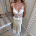 Women Sexy V-Neck Satin Lace Splicing Polyester Cami Dress Elegant Backless Sheer Long Maxi Dress For Party Evening Clubwear
