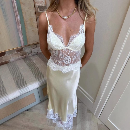 Women Sexy V-Neck Satin Lace Splicing Polyester Cami Dress Elegant Backless Sheer Long Maxi Dress For Party Evening Clubwear