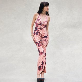 Women's Sexy Halter Deep V-Neck Maxi Dress Ruched Ruffle High Split Polyester Milk Silk Evening Gown Backless Party Club Slim Fit Long Dress