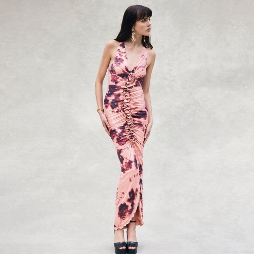 Women's Sexy Halter Deep V-Neck Maxi Dress Ruched Ruffle High Split Polyester Milk Silk Evening Gown Backless Party Club Slim Fit Long Dress