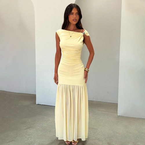 Women Sexy Sleeveless Fishtail Maxi Dress Solid Color Pleated Waist Cinching Polyester Mesh Patchwork Long Dress With Metal Buckle Streetwear Evening Party Clubwear