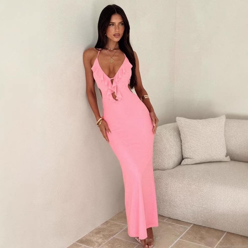 Women Sexy Halter Neck Maxi Dress Mesh Polyester Ruffle Deep V Neck Backless Cutout Slim Fit Long Dress For Party Clubwear Beach Holiday