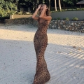 Women's Sexy Leopard Print Maxi Dress Cowl Neck Backless Slim Fit Chiffon Satin Spaghetti Strap Evening Party Long Dress Elegant Clubwear