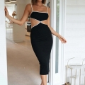 Women's Sexy Hollow Out Camisole Maxi Dress Contrast Binding Backless Slit Slim Fit Rib Knit Long Dress for Party Club Summer