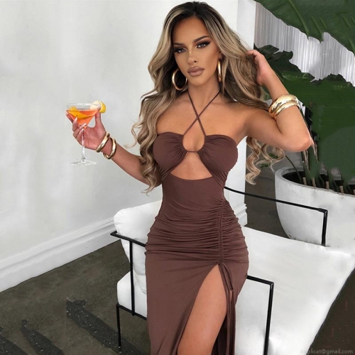 Women Sexy Halter Neck Hollow Out Maxi Dress Ruched Sleeveless High Slit Backless Bodycon Long Dress Polyester Evening Party Clubwear Lady Summer Sundress