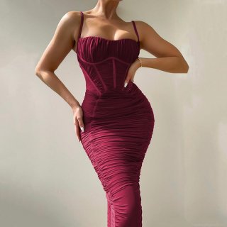Sexy Ruched Bodycon Maxi Dress Women Spaghetti Strap Backless Elegant Fishbone Bustier Evening Party Solid Color Polyester Long Cami Dress