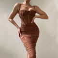 Women's Sexy Ruched Spaghetti Strap Maxi Dress Backless Bodycon Fishbone Corset Slim Fit Party Evening Long Dress Polyester Solid Color