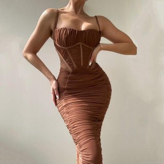 Women's Sexy Ruched Spaghetti Strap Maxi Dress Backless Bodycon Fishbone Corset Slim Fit Party Evening Long Dress Polyester Solid Color