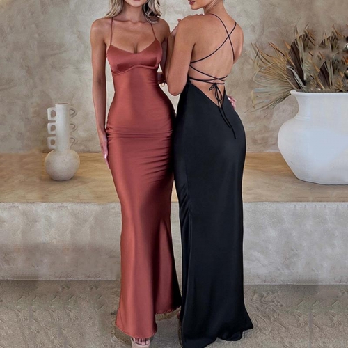 Sexy Backless Satin Cami Maxi Dress Women Elegant Cross Bandage Bodycon A-Line Long Dress For Wedding Party Evening Prom Night Out Clubwear