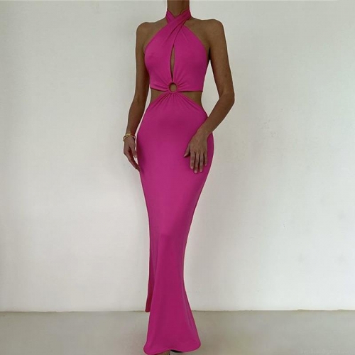 Women Sexy Halter Neck Cut Out Maxi Dress Polyester Sleeveless Backless Criss Cross O-Ring High Waist Slim Fit Bodycon Long Dress For Summer Party Evening Night Out Clubwear