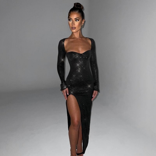 Women Sexy Backless High Slit Maxi Dress Mesh Long Sleeve Silver Stamping Tube Top Evening Party Dress Elegant Bodycon Long Skirt