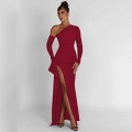 Elegant One Shoulder Ruched Maxi Dress Sexy Backless High Slit Long Sleeve Milk Silk Bodycon Party Dress for Women Evening Clubwear