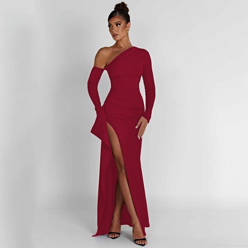 Elegant One Shoulder Ruched Maxi Dress Sexy Backless High Slit Long Sleeve Milk Silk Bodycon Party Dress for Women Evening Clubwear