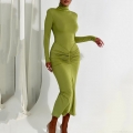 Women Sexy Bodycon Maxi Dress Half High Neck Long Sleeve Ruched Pleated Tight Long Skirt With Shoulder Pads Milk Silk Solid Color Clubwear Party Dress