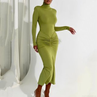 Women Sexy Bodycon Maxi Dress Half High Neck Long Sleeve Ruched Pleated Tight Long Skirt With Shoulder Pads Milk Silk Solid Color Clubwear Party Dress