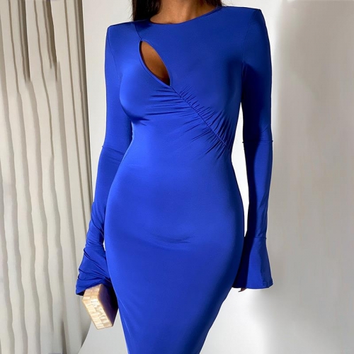 Sexy Round Neck Hollow Out Maxi Dress For Women Elegant Flare Sleeve Ruffled Hip Wrapping Bodycon Long Dresses Party Date Night Clubwear Satin Evening Gown