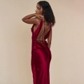 Women's Sexy Satin Cowl Neck Backless Maxi Dress Elegant High Split Strappy Evening Party Club Long Gown Slip Dress