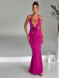 Women's Sexy Deep V Neck Halter Maxi Dress 3D Flower Ruffle Backless Bodycon Evening Party Gown Solid Color Polyester Spandex Long Dress
