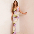Sexy Cowl Neck Backless Slip Maxi Dress Polyester Stretch Satin Abstract Print Patchwork Plisse Bodycon Long Dress for Women Party Clubwear Vacation