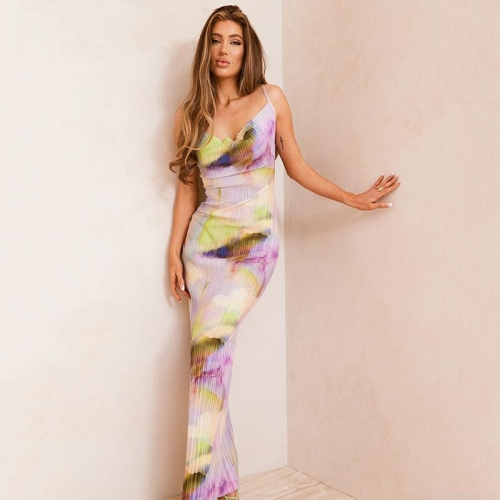 Sexy Cowl Neck Backless Slip Maxi Dress Polyester Stretch Satin Abstract Print Patchwork Plisse Bodycon Long Dress for Women Party Clubwear Vacation