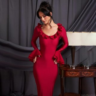 Women Sexy Ruffle V Neck Bell Sleeve Maxi Dress Elegant High Waist Bodycon Fishtail Solid Color Long Evening Party Dress