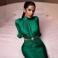 Women Sexy Mock Neck Long Sleeve Cut Out Maxi Dress Elegant Bodycon Ruched Party Evening Gown With Crystal Buckle For Club Night Out